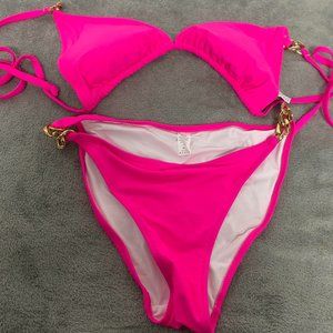 Hot Pink Plus Chain Linked Tie Back Halter Triangle Bikini Swimsuit - Size XL